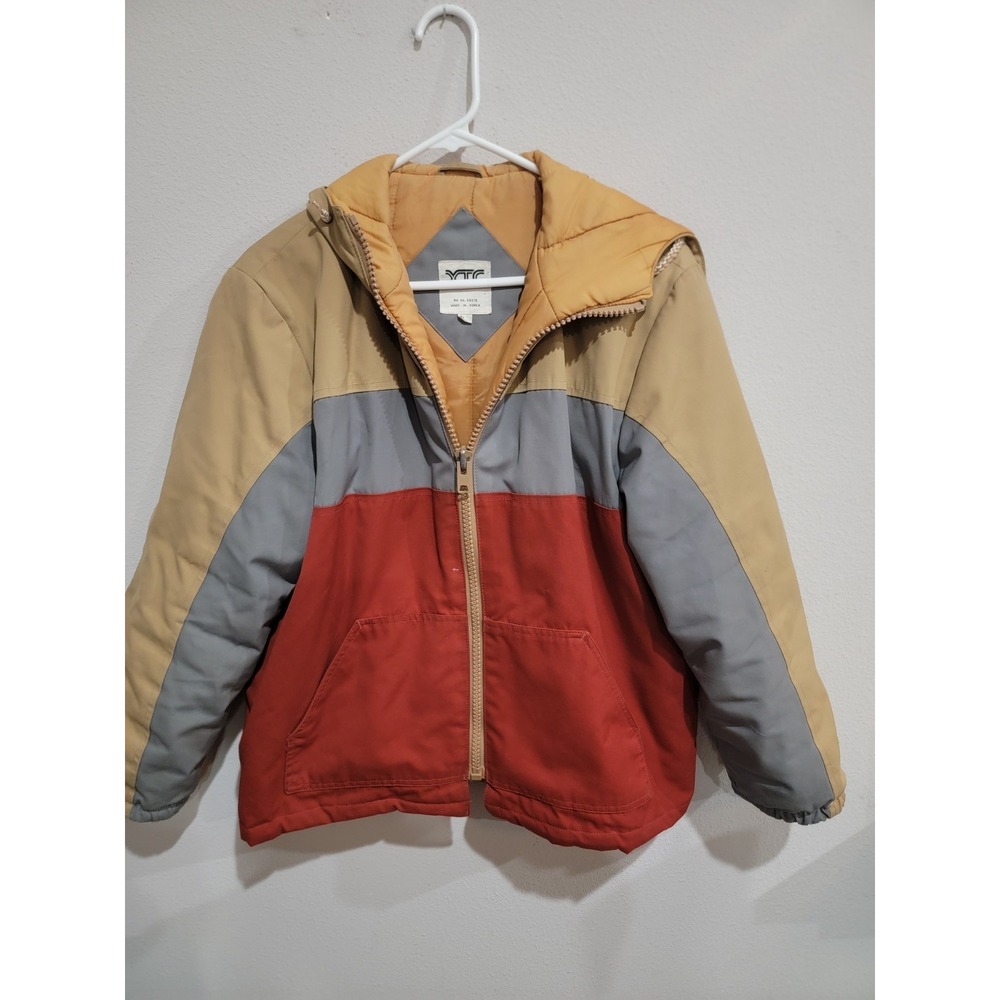 XTC Colorblock Full Zip Orange Gray Puffer Hooded coat Jacket, Retro Sz L 1970's